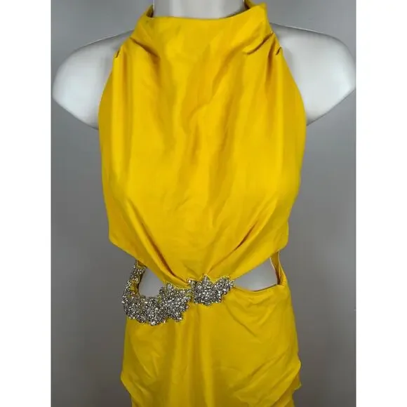 Rachel Gilbert Kylo Embellished Cutout Asymmetrical Yellow Maxi Dress Size 2 - Picture 4 of 9